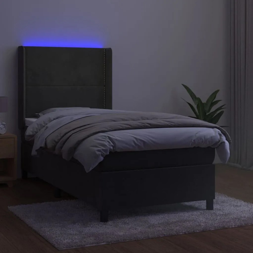 vidaXL Κρεβάτι Boxspring με Στρώμα & LED Σκ. Γκρι 90x190 εκ. Βελούδινο