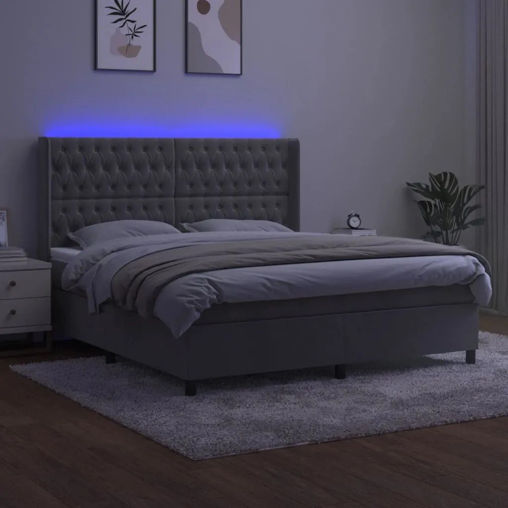 Κρεβάτι Boxspring με Στρώμα &amp; LED Αν.Γκρι 180x200 εκ. Βελούδινο - Γκρι