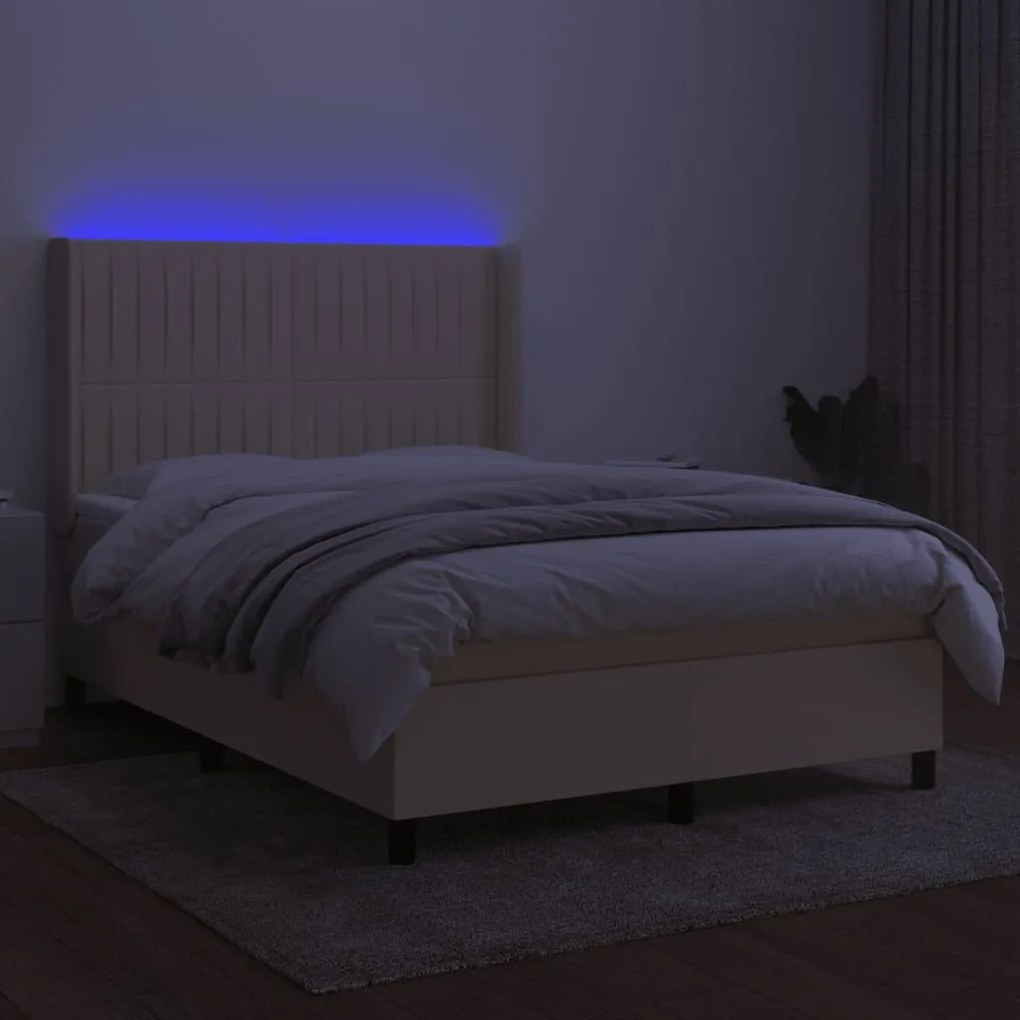 Κρεβάτι Boxspring με Στρώμα &amp; LED Κρεμ 140x190 εκ. Υφασμάτινο - Κρεμ