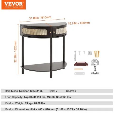 VEVOR Half-moon Rattan Console Table 2 Storage Drawers Rattan Sliding Door Black