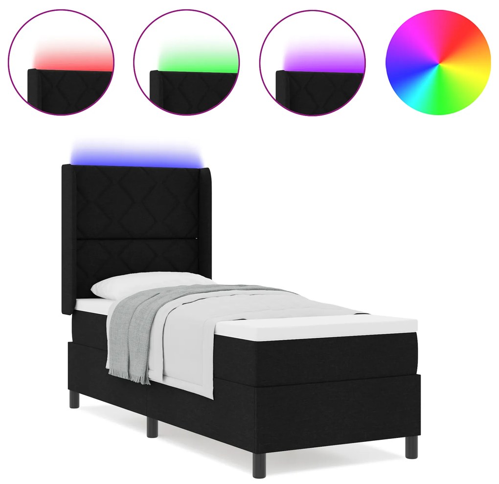 vidaXL Κρεβάτι Box Spring με Στρώμα & LED Μαύρο 80x200 εκ. Ύφασμα