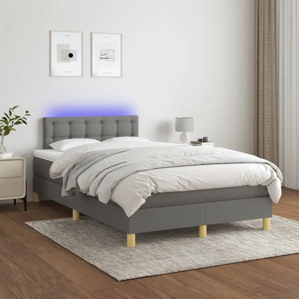 Κρεβάτι Boxspring με Στρώμα &amp; LED Σκ.Γκρι 120x190εκ. Υφασμάτινο - Γκρι