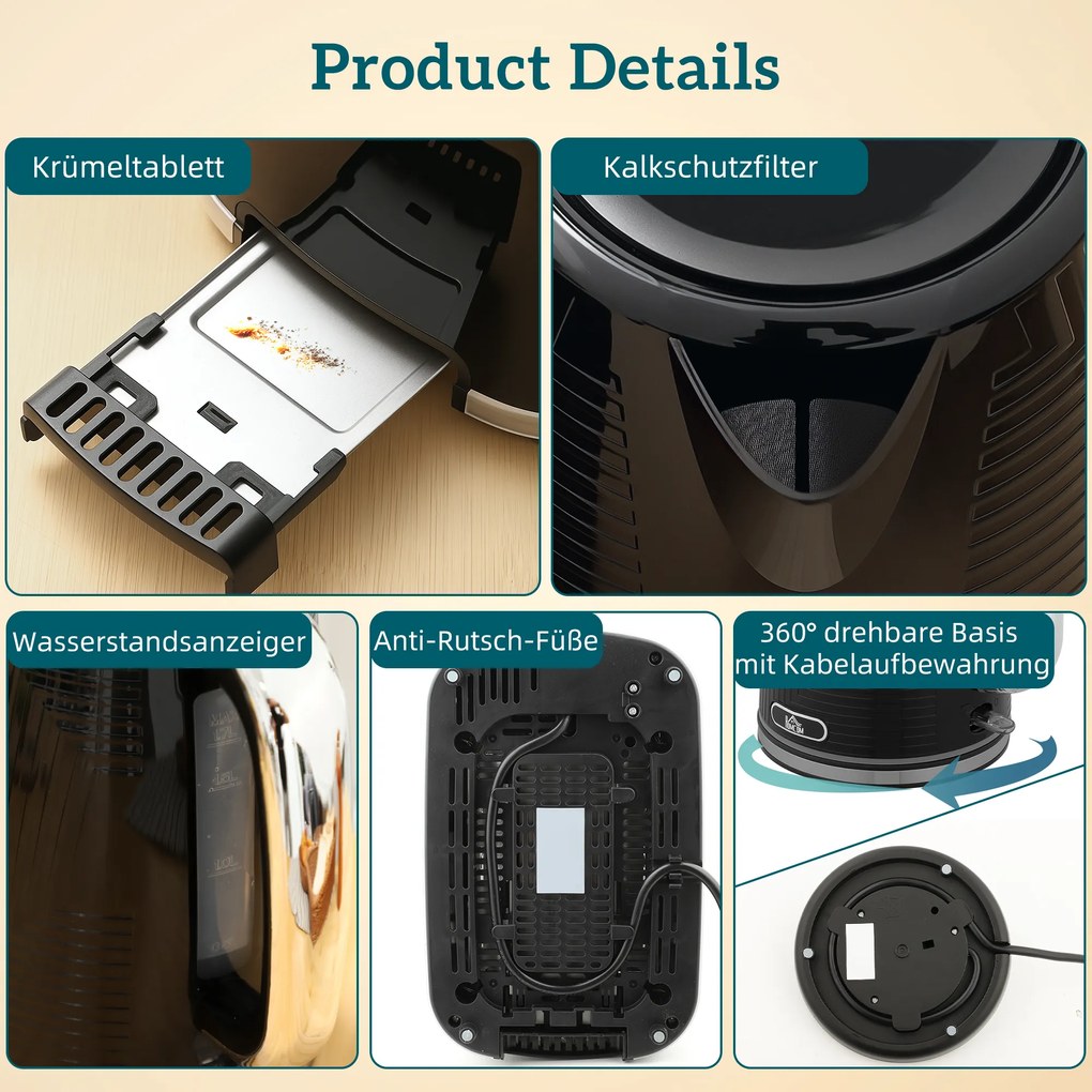 HOMCOM Σετ Βραστήρας &amp; Τοστιέρα, 2200W, Θερμοστάτης Otter, Τοστιέρα 2 θέσεων, 7 Επίπεδα Ψησίματος, Συρτάρι για Ψίχουλα, Μαύρο