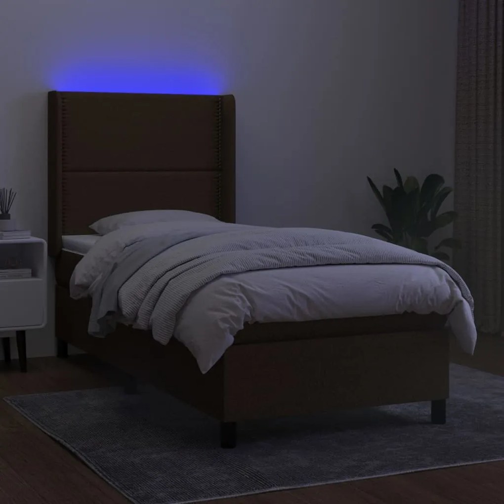 vidaXL Κρεβάτι Boxspring με Στρώμα & LED Σκ.Καφέ 90x190 εκ. Υφασμάτινο