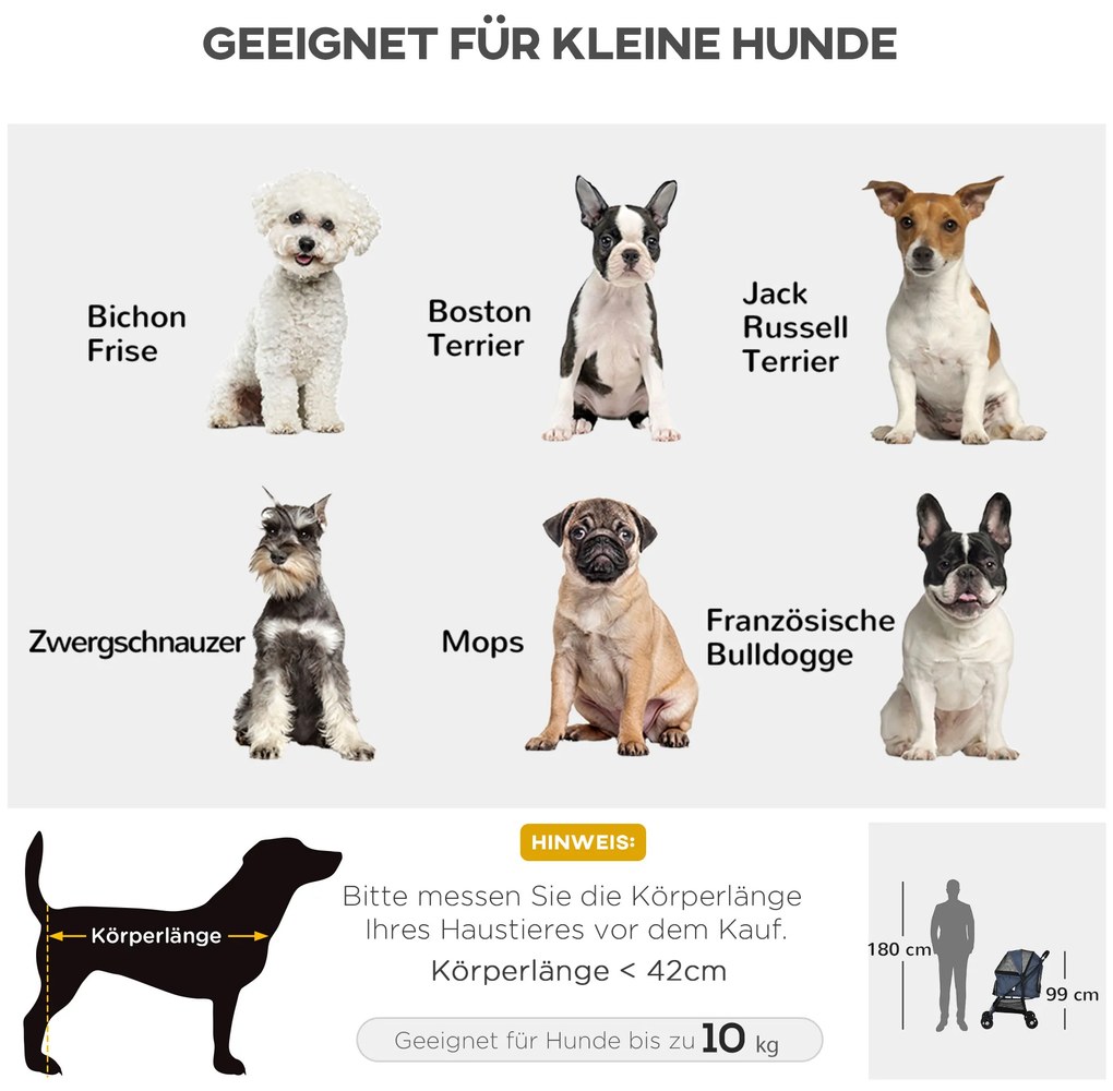 PawHut Καρότσι σκύλου, έως 10 kg, αναδιπλούμενο, καλάθι κάτω, μαξιλάρι, πλαϊνή τσέπη, 81 cm x 48 cm x 99 cm, Γκρι