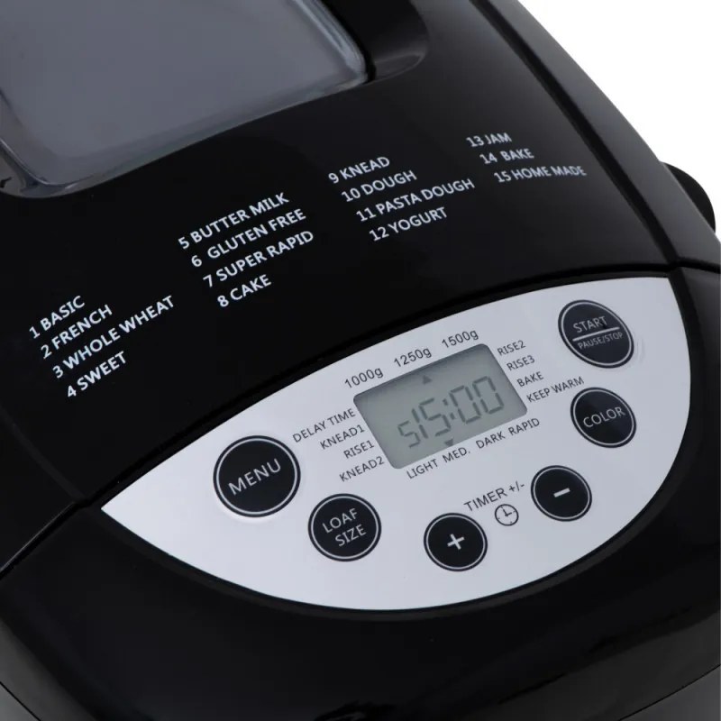 Mesko MS 6022 αρτοπαρασκευαστής, 1/1,5 kg, 850 W, 15 προγράμματα, οθόνη LCD, διπλός αναδευτήρας, κινητό καλάθι, Μαύρο