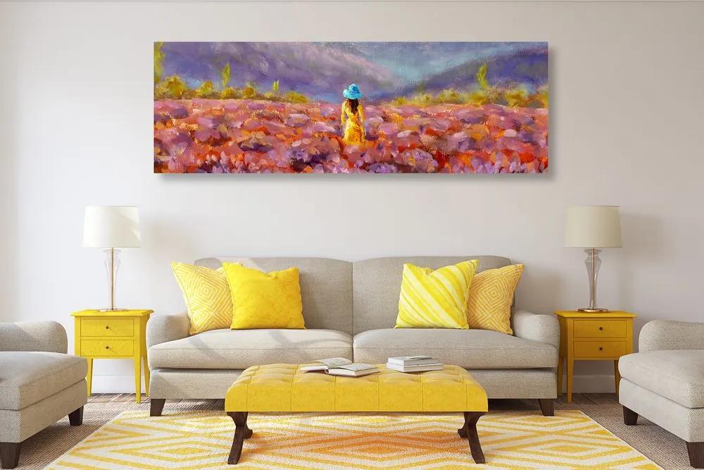 Εικόνα ενός κοριτσιού με ένα κίτρινο φόρεμα σε ένα χωράφι λεβάντας - 120x40