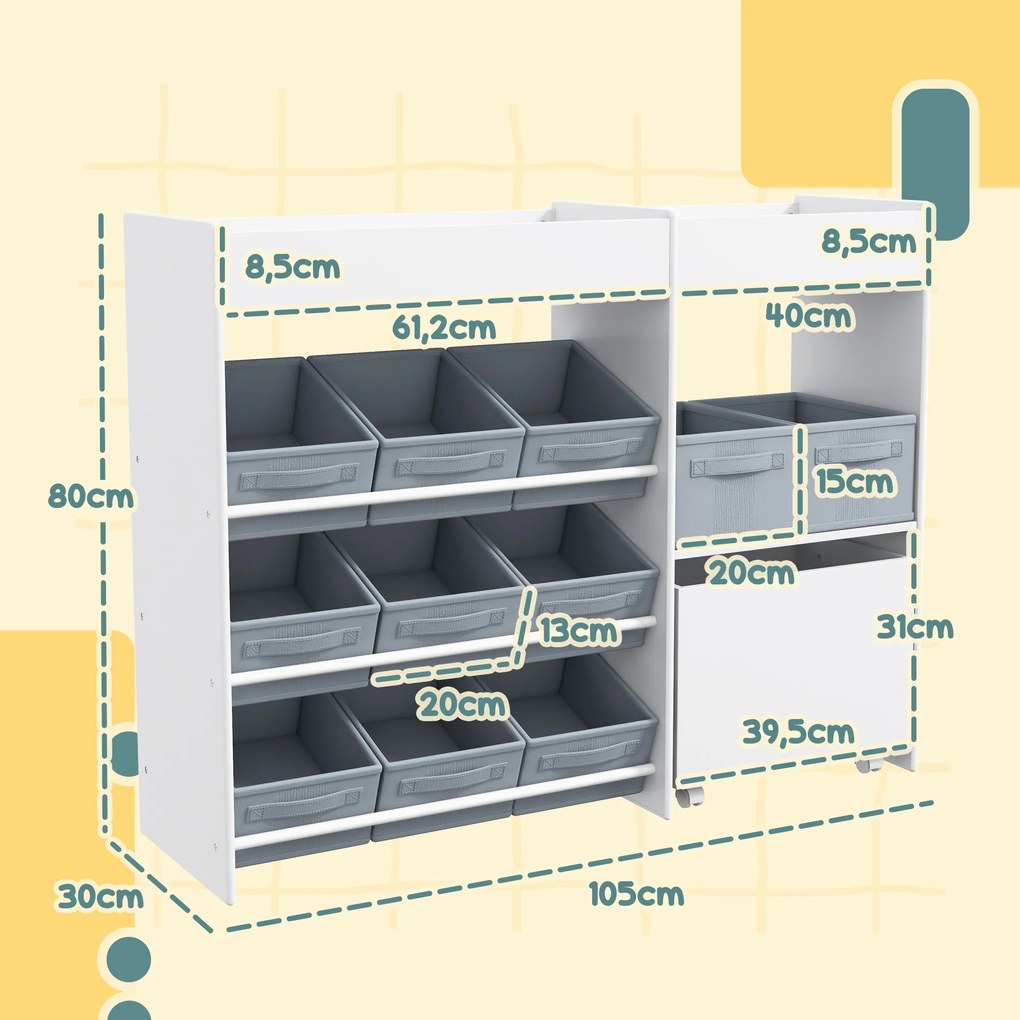 AIYAPLAY Παιδικό Ράφι Αποθήκευσης, Ντουλάπι παιχνιδιών για παιδιά με 11 υφασμάτινα κουτιά, επάνω ράφια, 3 αυτοκόλλητα, Λευκό