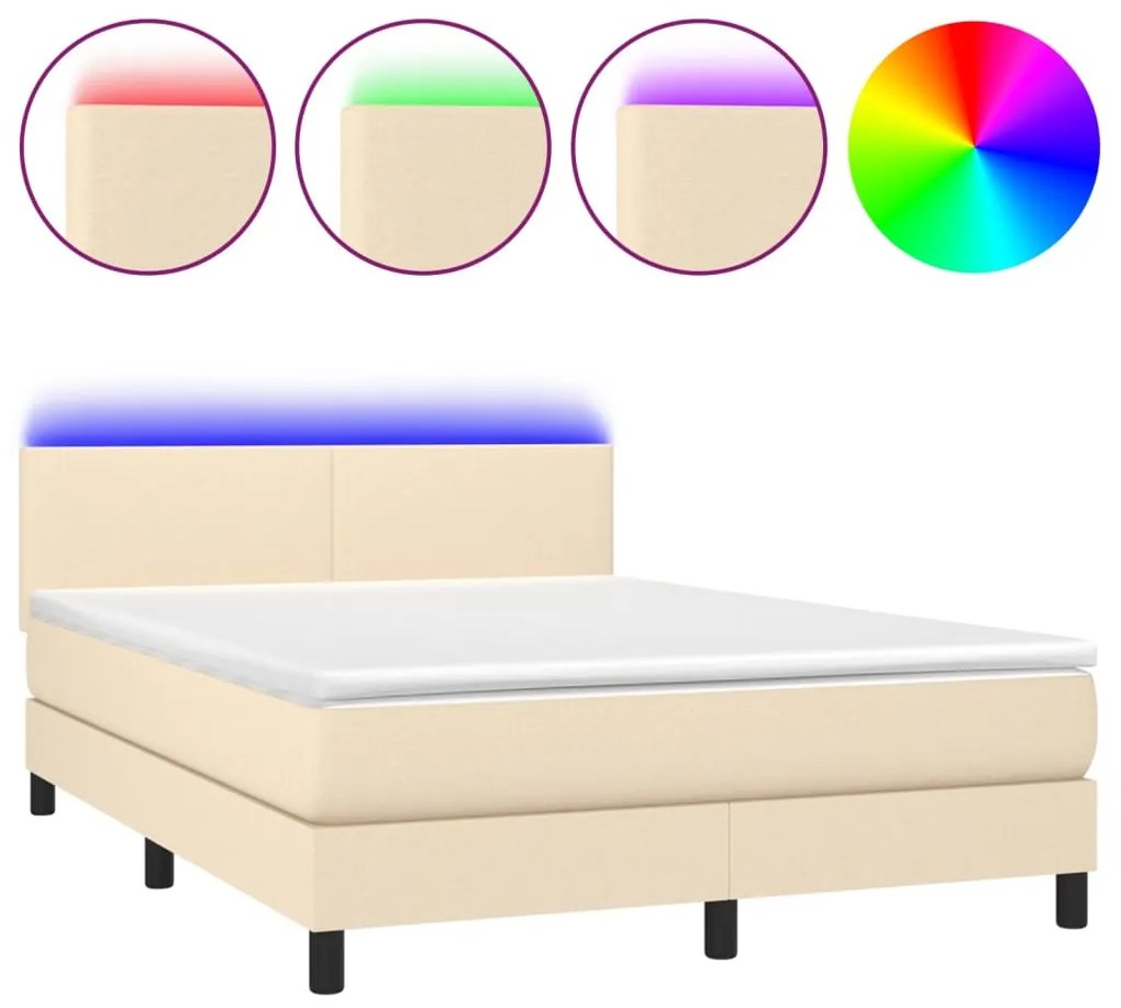 vidaXL Κρεβάτι Boxspring με Στρώμα & LED Κρεμ 140x200 εκ. Υφασμάτινο