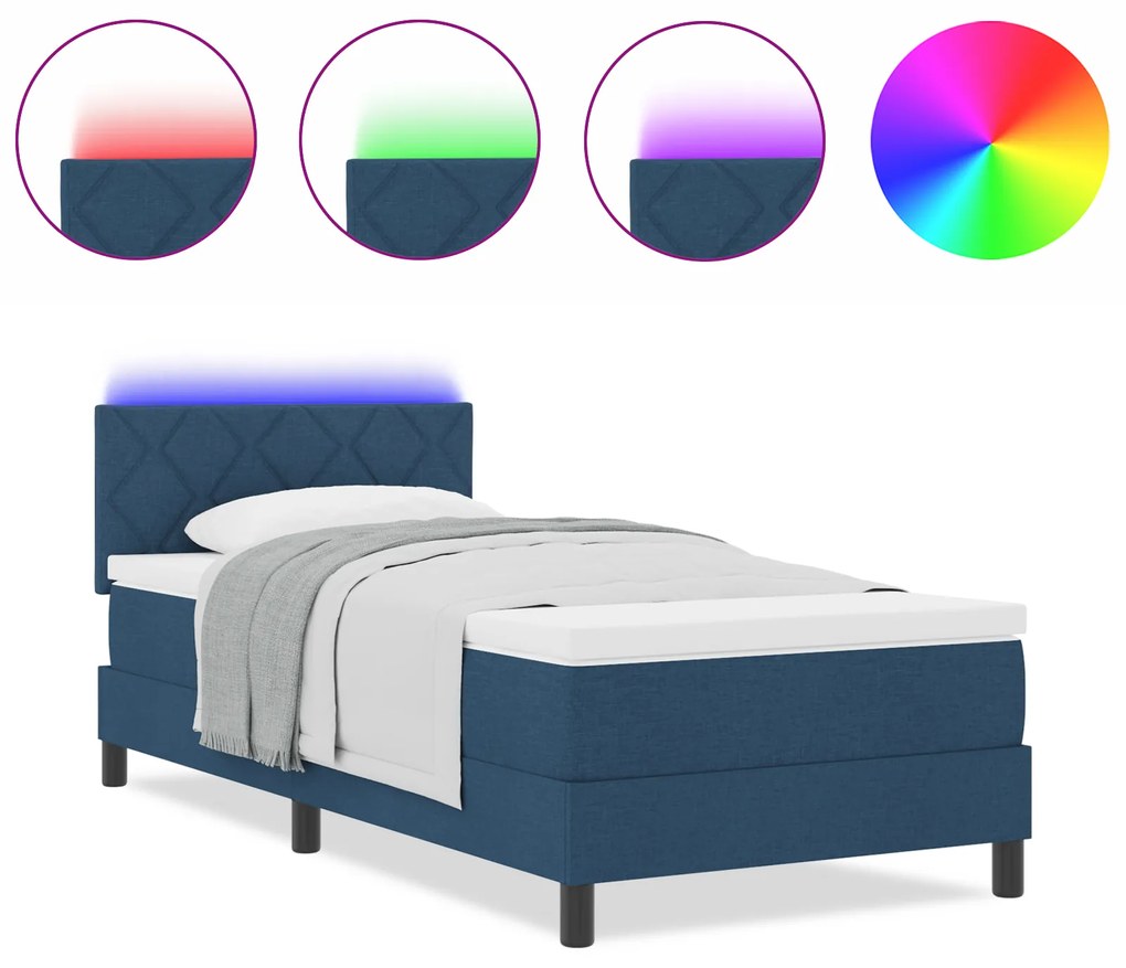 vidaXL Κρεβάτι με Ελατήρια με Στρώμα & LED Μπλε 90x200 εκ. Ύφασμα