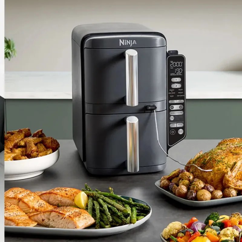 Ninja SL451EU Διπλή φριτέζα ζεστού αέρα, 2470W, 9,5L, ψηφιακό θερμόμετρο, 2 καλάθια, 6 προγράμματα, Max Crisp, Sync & Match, γκρι