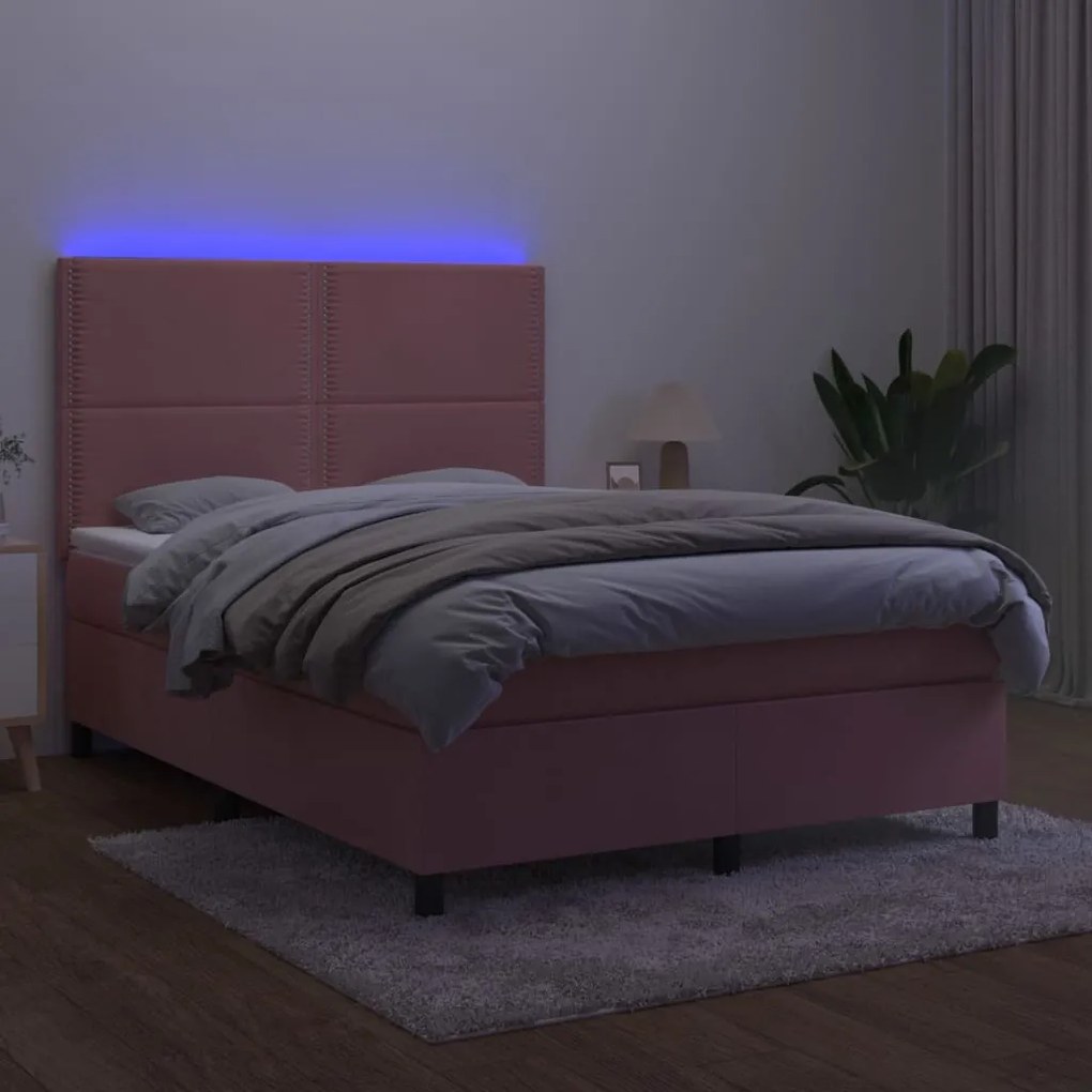 vidaXL Κρεβάτι Boxspring με Στρώμα & LED Ροζ 140x190 εκ. Βελούδινο