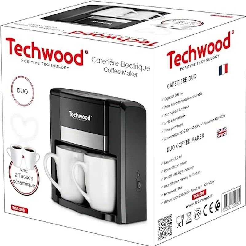 Καφετιέρα φίλτρου με 2 κούπες Techwood TCA-206, 500W, Μόνιμο φίλτρο που πλένεται, Μαύρο