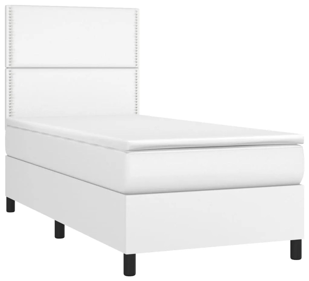 Κρεβάτι Boxspring με Στρώμα &amp; LED Λευκό 90x200 εκ. Συνθ. Δέρμα - Λευκό