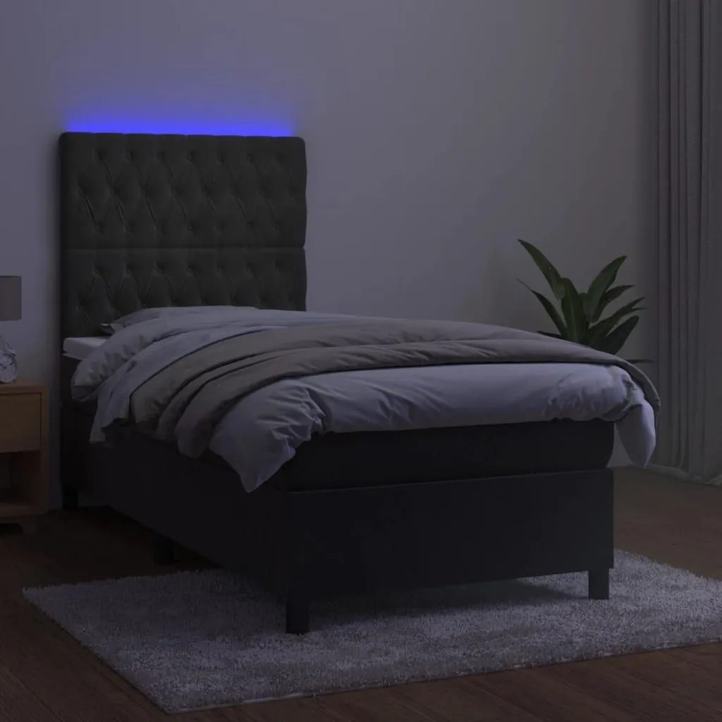 Κρεβάτι Boxspring με Στρώμα &amp; LED Σκ. Γκρι 100x200εκ. Βελούδινο - Γκρι