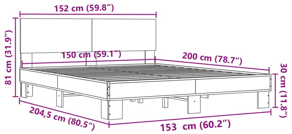 Πλαίσιο Κρεβατιού Γκρι Sonoma 150x200 εκ. Επεξ. Ξύλο &amp; Μέταλλο - Γκρι