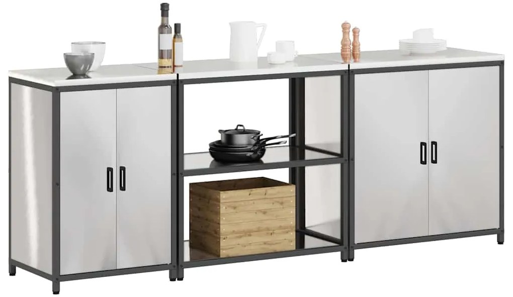 vidaXL Σετ Αποθήκευσης Κουζίνας με ράφι 3 pcs Ασημί Ανοξείδωτο ατσάλι