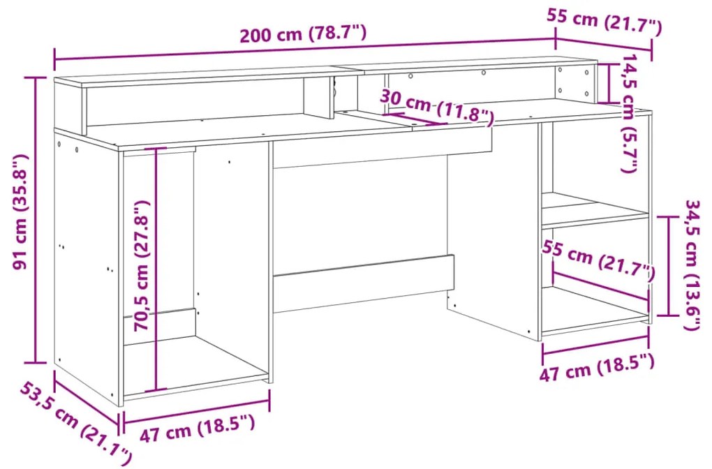 Γραφείο με LED Γκρι Sonoma 200x55x91 εκ. Επεξεργ. Ξύλο - Γκρι