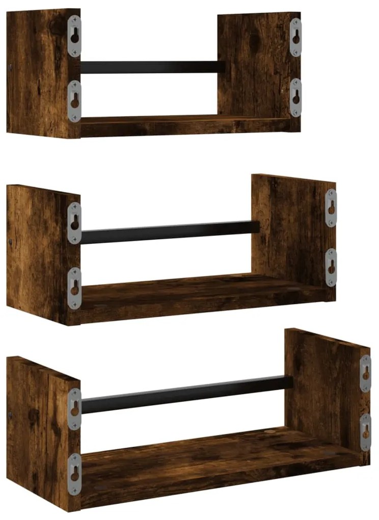 vidaXL Ράφια Τοίχου Σετ 3 τεμ. με Μπάρες Καπνιστή Δρυς Επεξεργ. ξύλο
