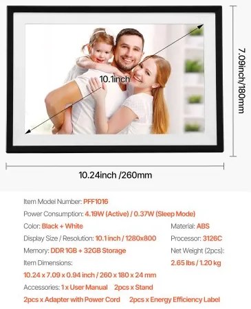 VEVOR 260 mm Digital Picture Frame 32GB Touchscreen 2-Pack Wi-Fi Photo Frames