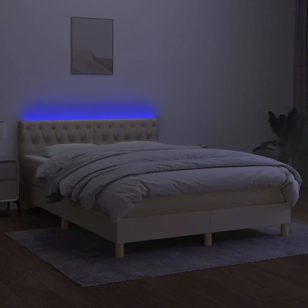 Κρεβάτι Boxspring με Στρώμα &amp; LED Κρεμ 140x190 εκ. Υφασμάτινο - Κρεμ