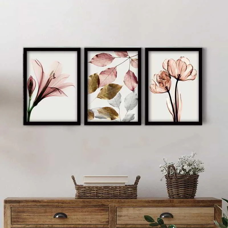 Πίνακας Pink Flowers Megapap 3 τμχ. σε πλαίσιο 35x45x2εκ.