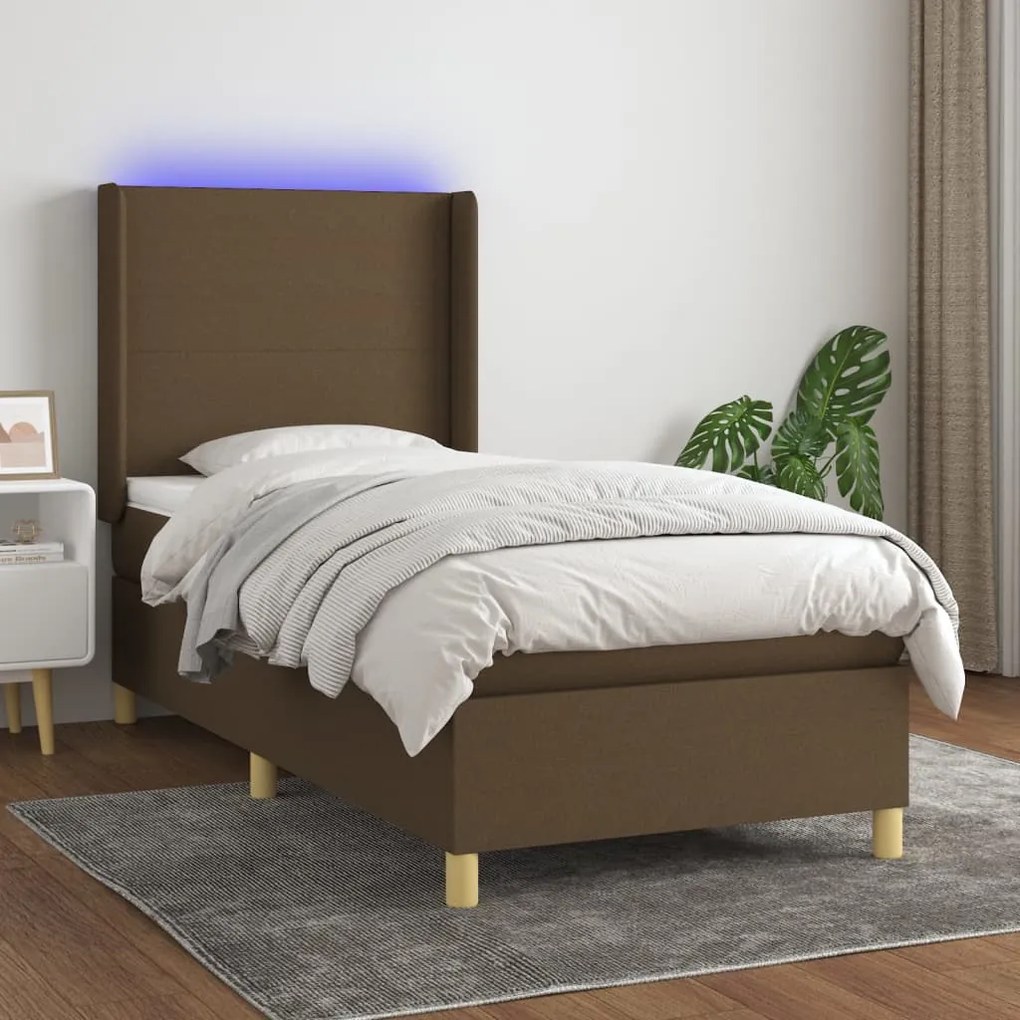 vidaXL Κρεβάτι Boxspring με Στρώμα &amp; LED Σκ.Καφέ 100x200 εκ Υφασμάτινο