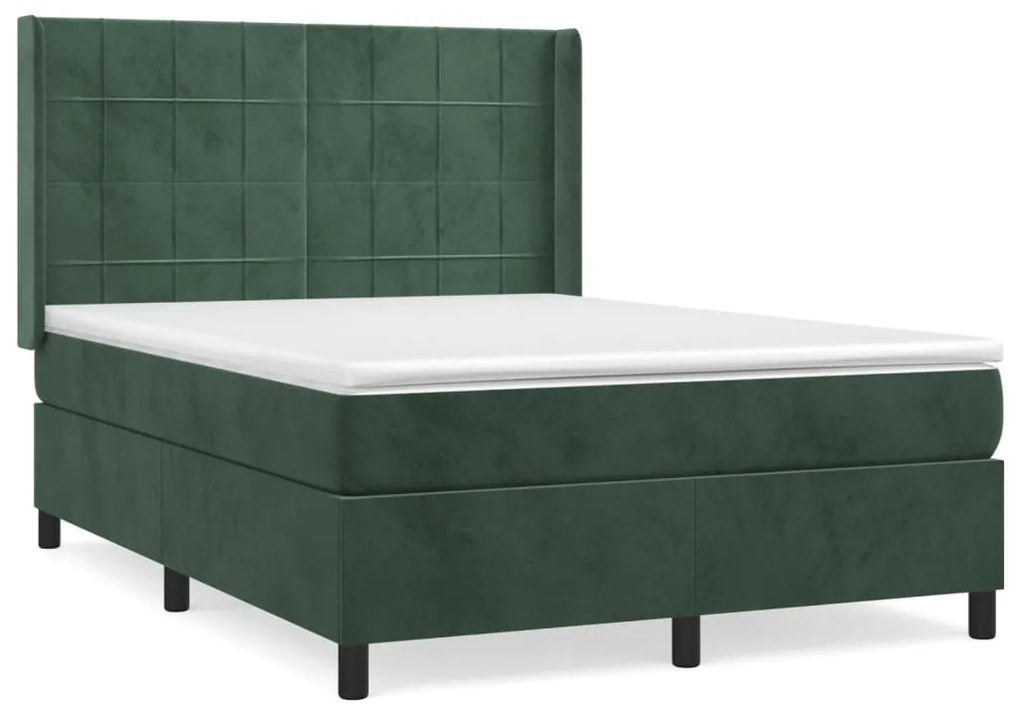 vidaXL Κρεβάτι Boxspring με Στρώμα Σκούρο Πράσινο 140x190εκ. Βελούδινο