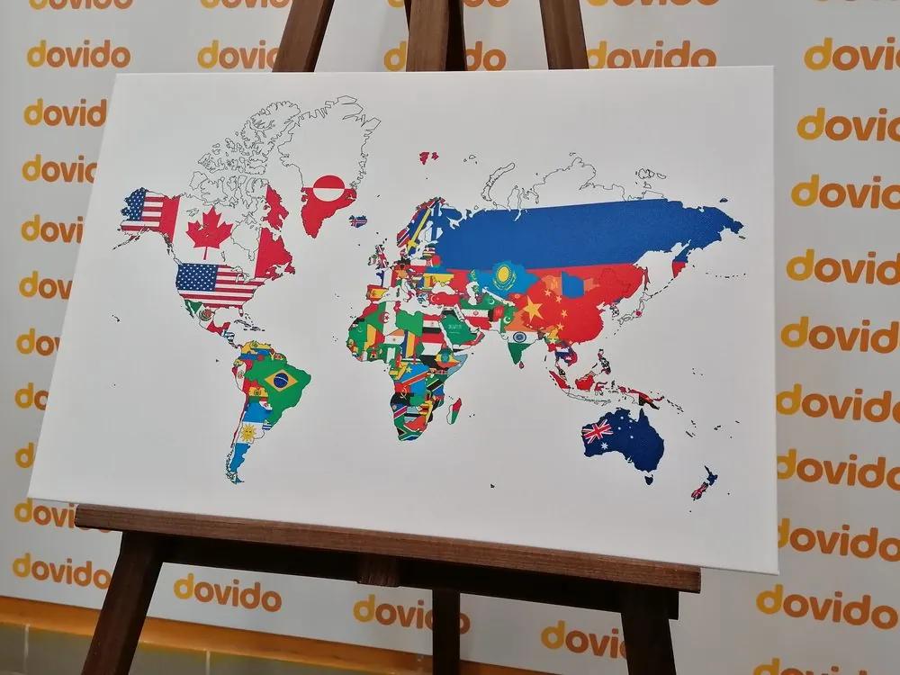 Εικόνα στον παγκόσμιο χάρτη φελλού με σημαίες με λευκό φόντο - 120x80  wooden
