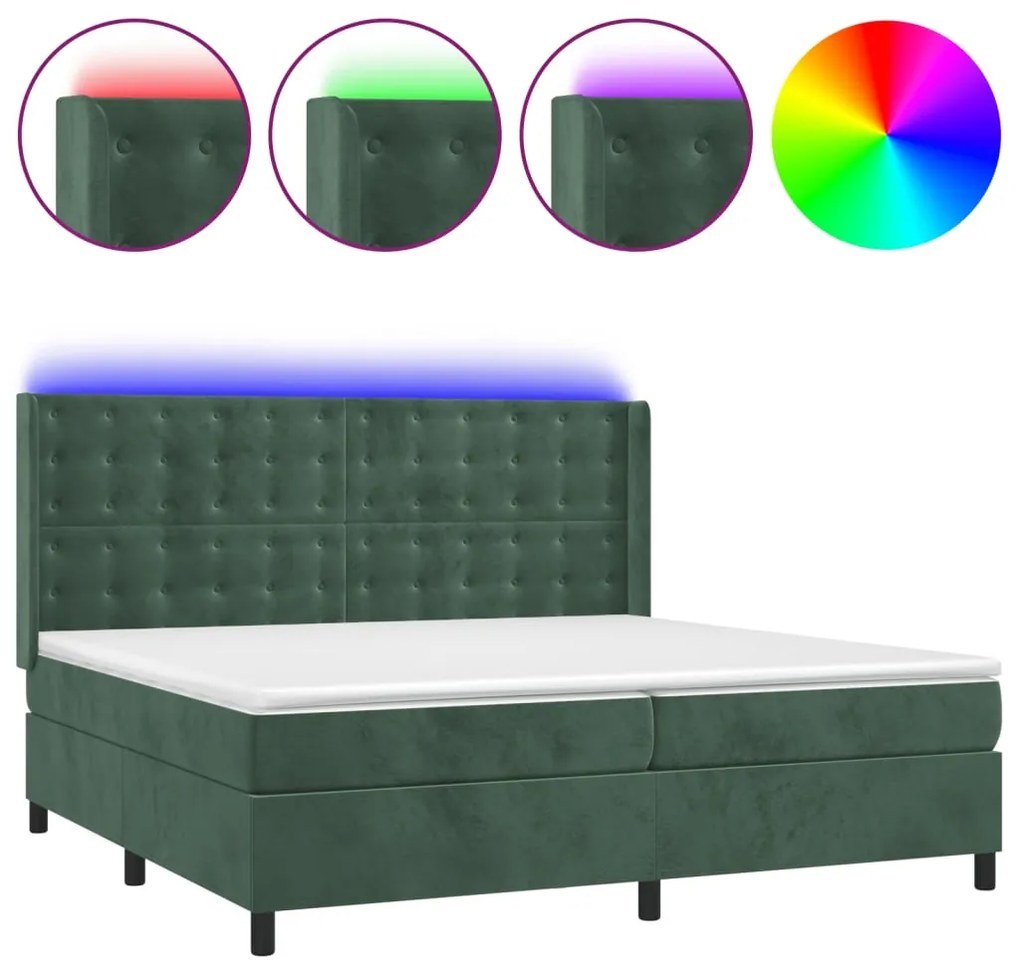 vidaXL Κρεβάτι Boxspring με Στρώμα & LED Σκ. Πράσινο 200x200εκ Βελούδο