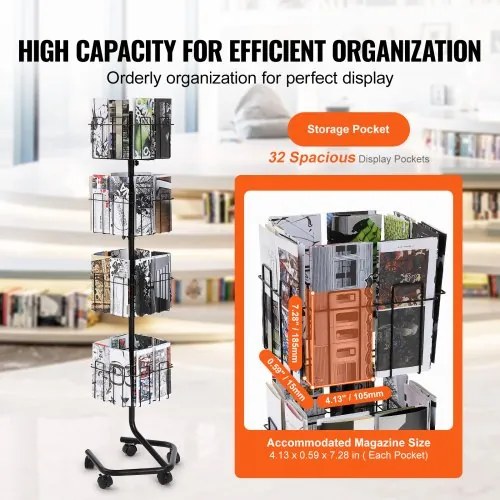 VEVOR Brochure Display Rack 32-Pocket Rotating Literature Display Stand 5 Wheels