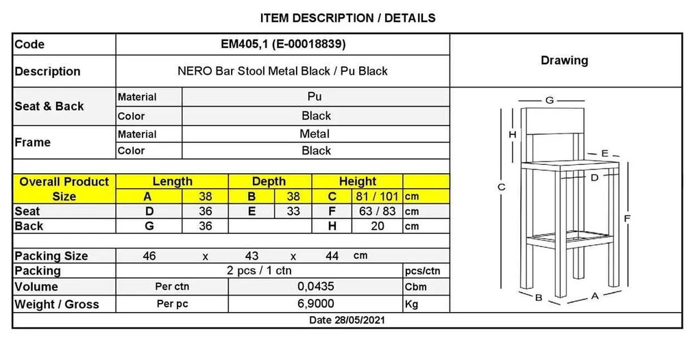 Σκαμπώ Nero Bar PU Μαύρο/Βαφή Μαύρη Συσκ.2τμχ 38x38x63/81-83/101cm