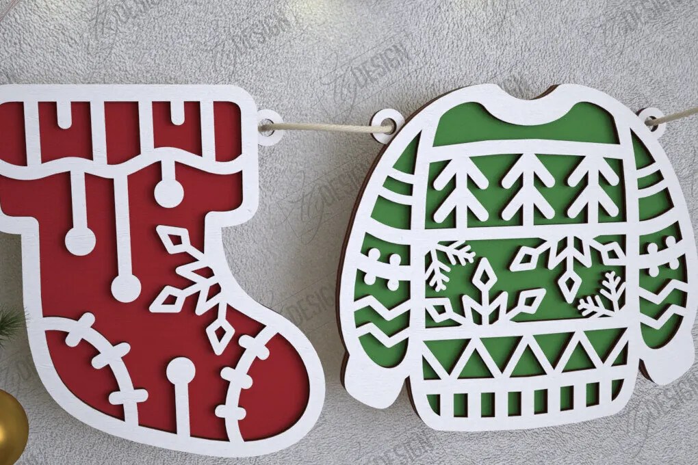 Σετ των 2 Intra απο ξύλο plywood 3mm-4mm πάχος Χριστουγεννιάτικο Banner | Γιρλάντα διακοπών | CNC Δίασταση 15x15 cm INTRAFABR-109751441