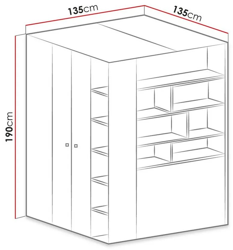 Γωνιακή ντουλάπα Omaha H120, Δρυς, Άσπρο, Τυρκουάζ, 190x135x135cm, 188 kg, Πόρτες ντουλάπας: Με μεντεσέδες, Αριθμός ραφιών: 12, Αριθμός ραφιών: 12