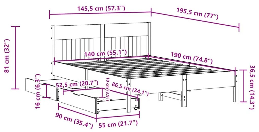 Σκελετός Κρεβατιού Χωρίς Στρώμα Καφέ 140x190 Μασίφ Ξύλο Πεύκου - Καφέ