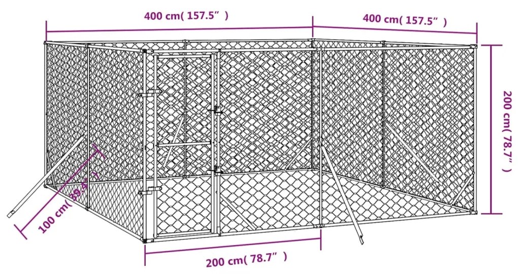 vidaXL Κλουβί Σκύλου Εξωτερ. Χώρου Ασημί 4x4x2 μ. από Γαλβαν. Ατσάλι