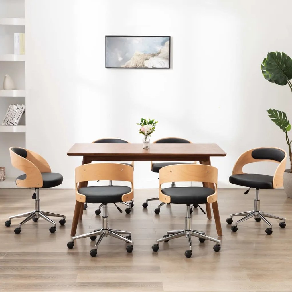 vidaXL Καρέκλες Τραπεζαρίας Περιστρ. 6 τεμ Μαύρο Λυγ. Ξύλο/Συνθ. Δέρμα