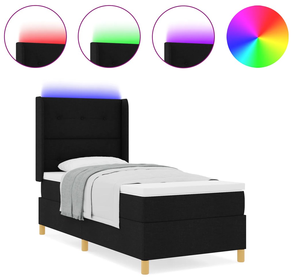 vidaXL Κρεβάτι Box Spring με Στρώμα & LED Μαύρο 80x200 εκ Υφασμάτινο