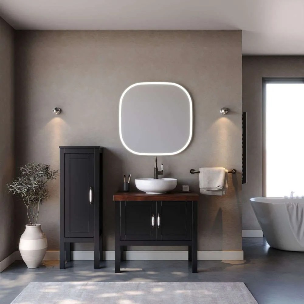 Έπιπλο Μπάνιου Πάγκος Με Νιπτήρα & Καθρέπτη Led London 9SLON085BLM 85x50x72/60x80cm Black Πορσελάνη,Mdf