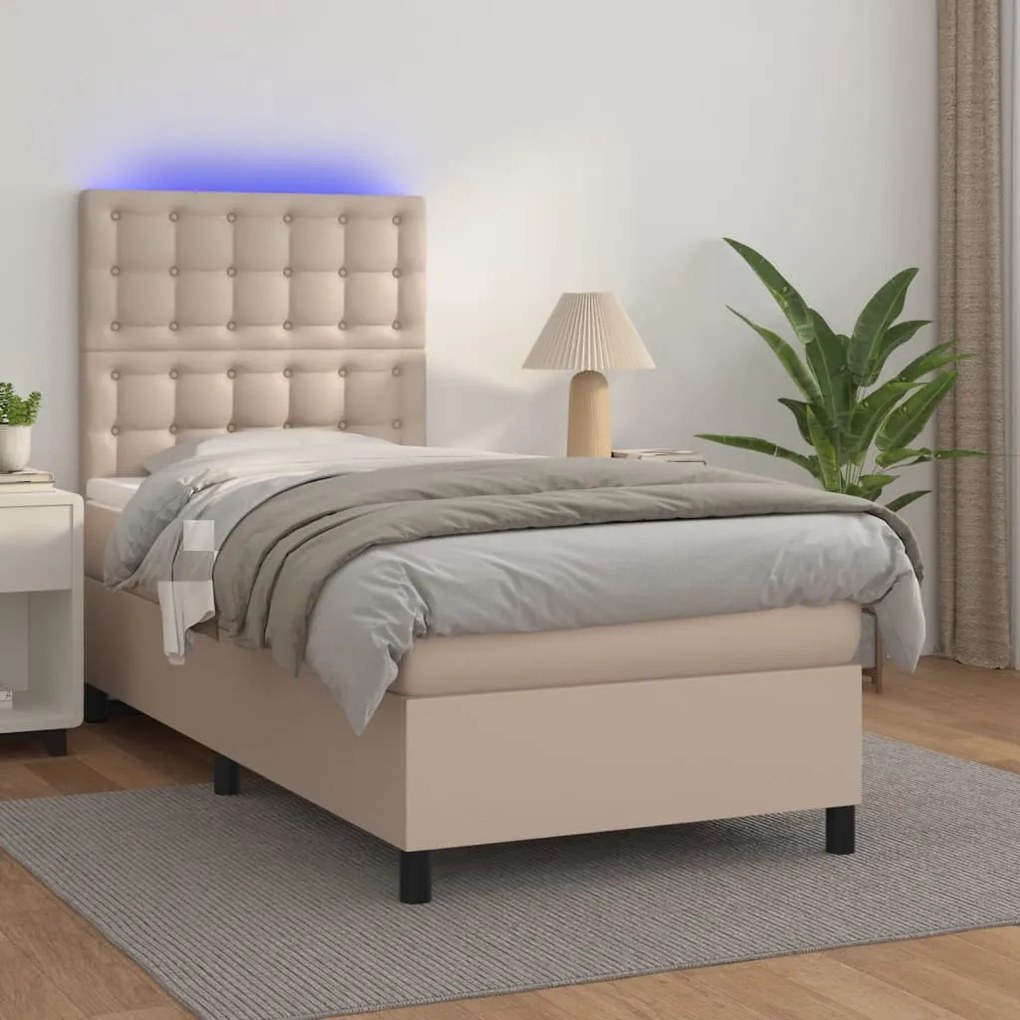 Κρεβάτι Boxspring Στρώμα&amp;LED Καπουτσίνο 80x200 εκ. Συνθ. Δέρμα