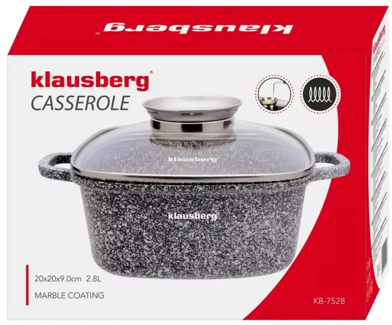 Кατσαρόλα Klausberg KB 7528, 2.8 l, Γυάλινο καπάκι, Μαρμάρινη Επίστρωση, Επαγωγή, Γκρι