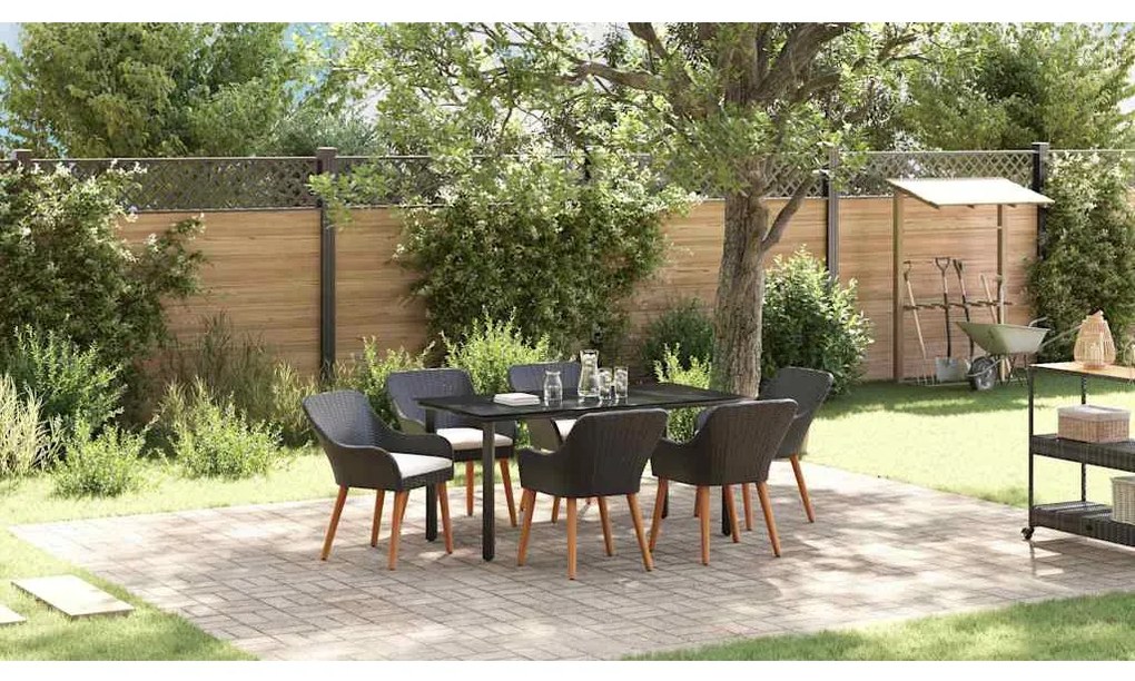 vidaXL Σέτ φαγητού για κήπο με μαξιλάρι 7 pcs Μαύρο συνθετικό ρατάν