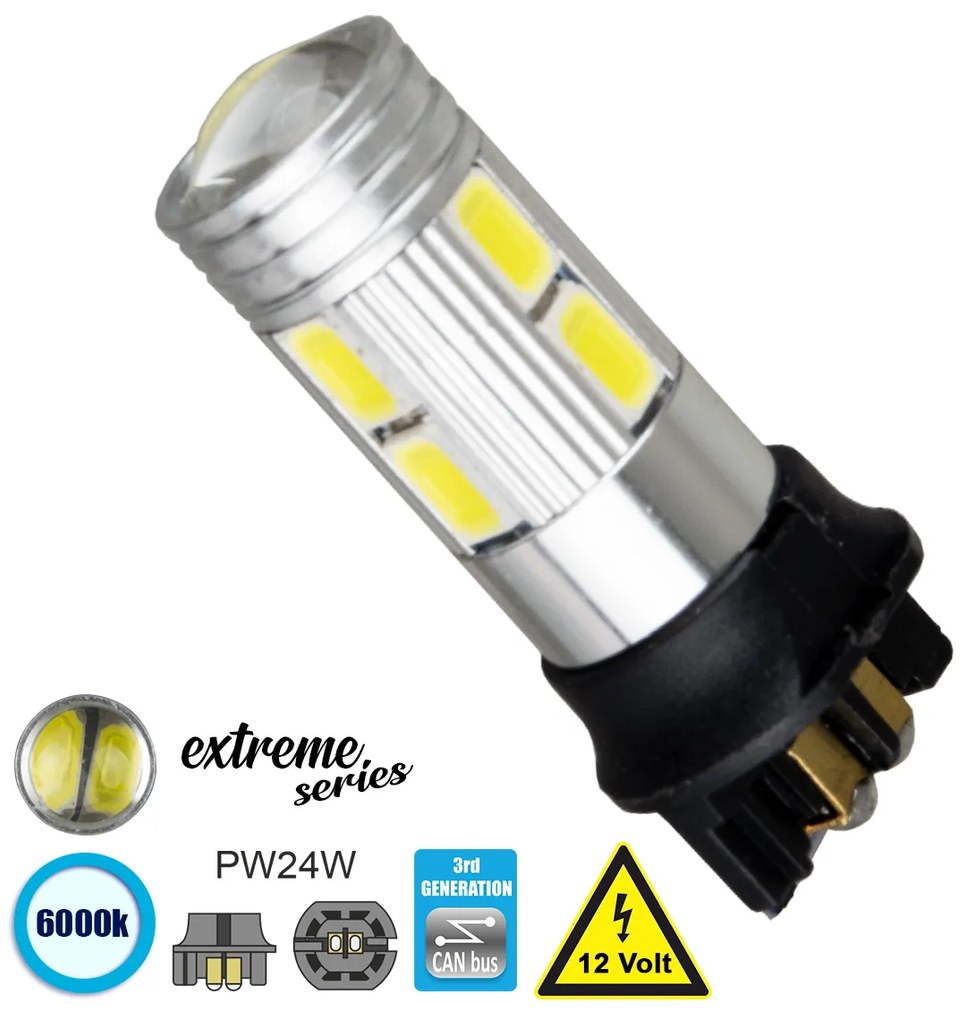 GloboStar® 81172 Λάμπα Αυτοκίνητου PW24W 3rd Generation Can-Bus Extreme Series LED 10 SMD 5630 5W 750lm 360° DC 12V IP20 Ψυχρό Λευκό 6000K