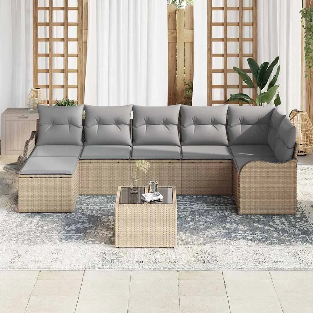 vidaXL Σετ Καναπέ Κήπου με μαξιλάρι 8 pcs Μπεζ Πολυ ράταν