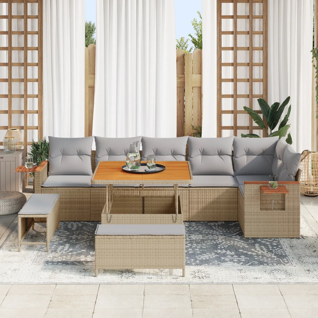 vidaXL 9 Τμήμα Σαλονιού Κήπου με Μαξιλάρια Μπεζ Poly Rattan Acacia