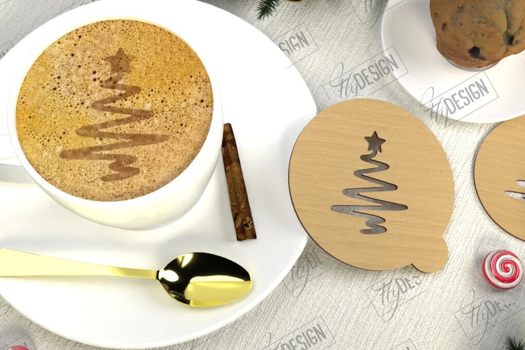 Σετ των 2 Intra απο ξύλο plywood 3mm-4mm πάχος Στένσιλ χριστουγεννιάτικου καφέ | Λάτρης του καφέ Δίασταση 15x15 cm INTRAFABR-107633675