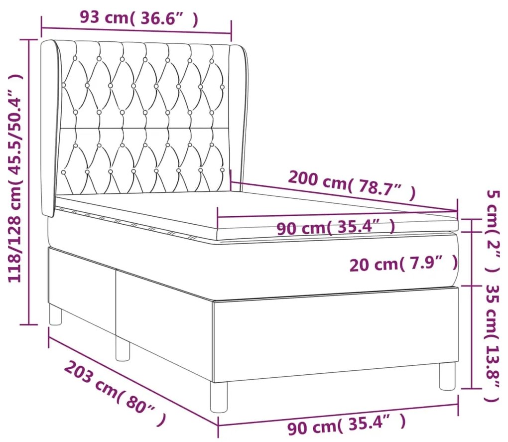 Κρεβάτι Boxspring με Στρώμα Μαύρο 90x200 εκ. Βελούδινο - Μαύρο