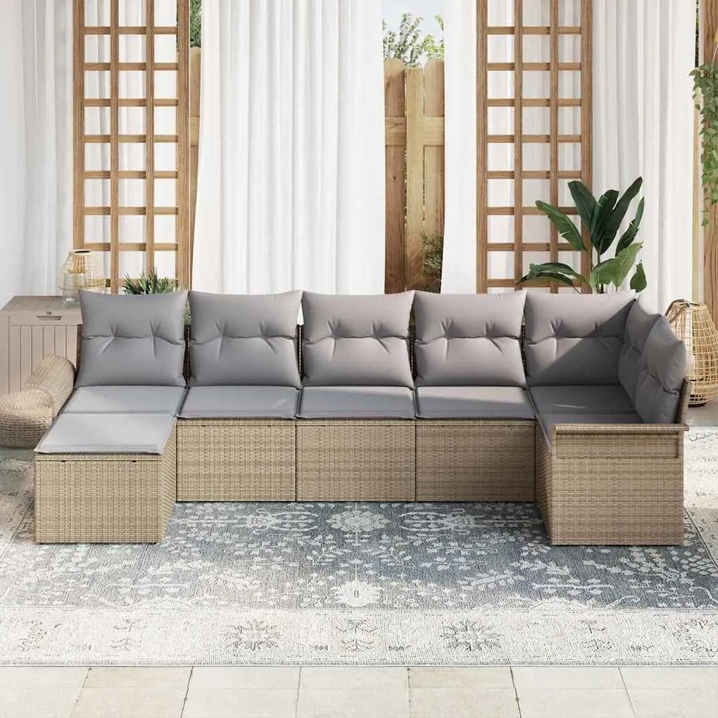 vidaXL Σετ Καναπέ Κήπου με μαξιλάρι 7 pcs Μπεζ Πολυ ράταν