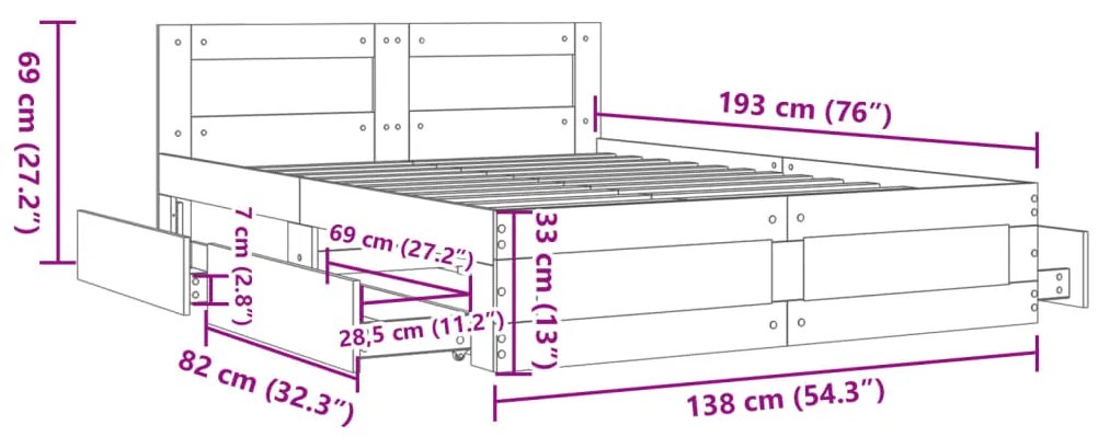 Πλαίσιο Κρεβατιού με Κεφαλάρι Sonoma Δρυς 135x190εκ. Επεξ. Ξύλο - Καφέ