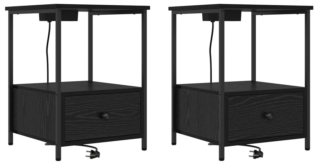 vidaXL Κομοδίνο με Σταθμό Φόρτισης 2 pcs Μαύρη δρυς Επεξεργασμένο ξύλο